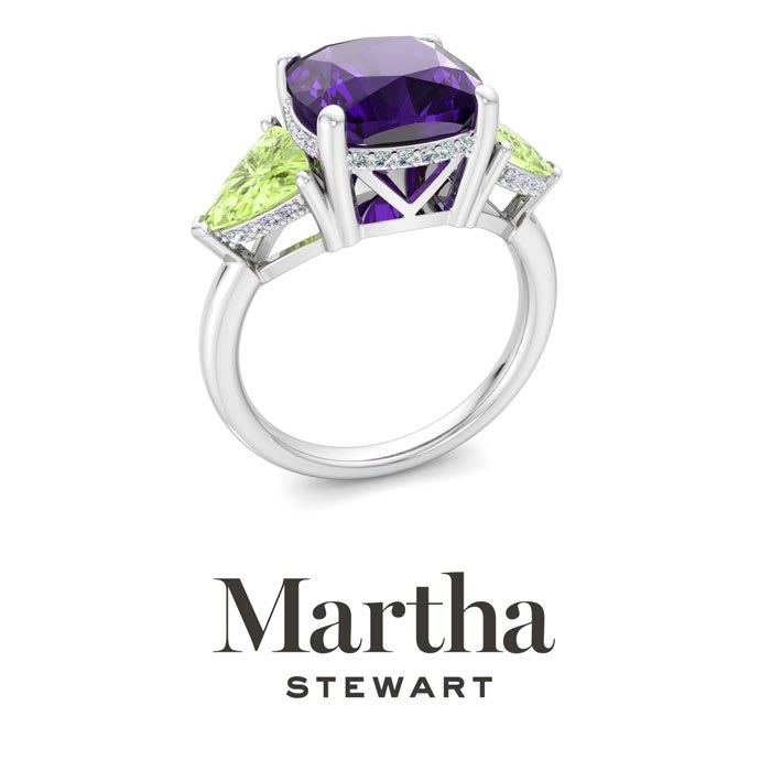 Martha Stewart 8 Carat Cushion Amethyst, Peridot and Lab Grown Diamond Three Stone Plus Ring In Sterling Silver