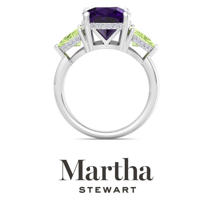 Martha Stewart 8 Carat Cushion Amethyst, Peridot and Lab Grown Diamond Three Stone Plus Ring In Sterling Silver