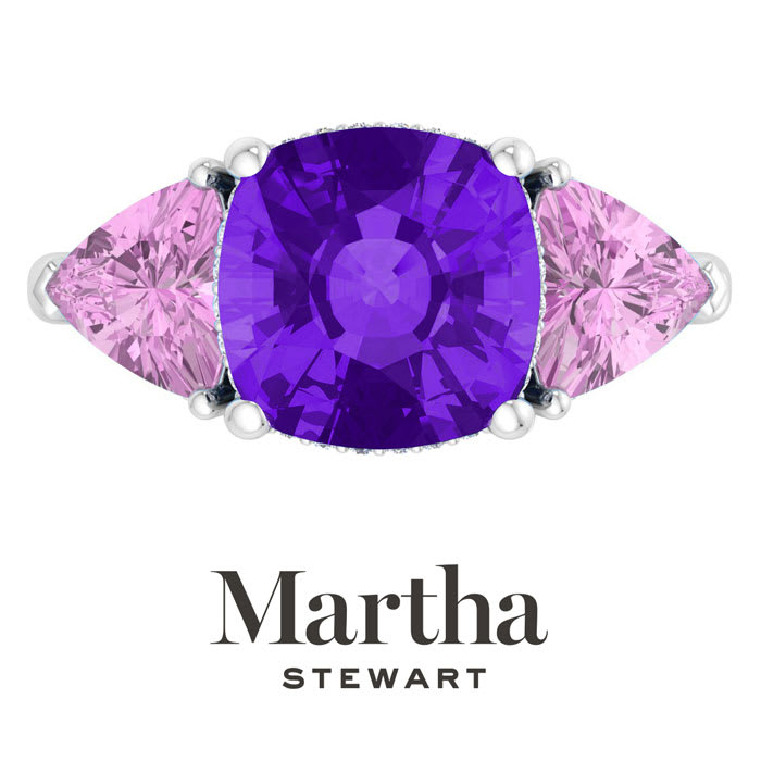 Martha Stewart 8 Carat Cushion Amethyst, Pink Sapphire and Lab Grown Diamond Three Stone Plus Ring In Sterling Silver