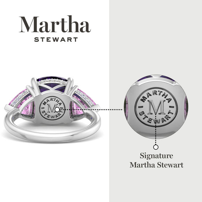 Martha Stewart 8 Carat Cushion Amethyst, Pink Sapphire and Lab Grown Diamond Three Stone Plus Ring In Sterling Silver