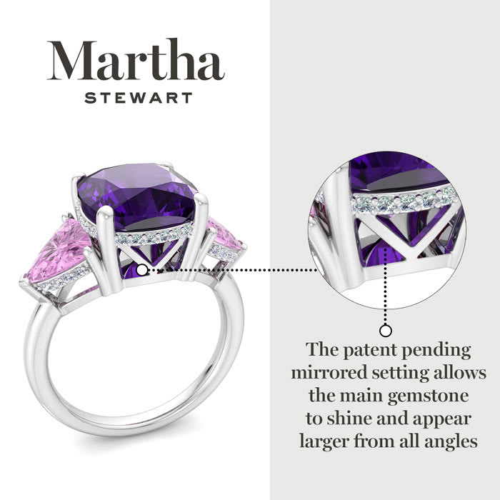 Martha Stewart 8 Carat Cushion Amethyst, Pink Sapphire and Lab Grown Diamond Three Stone Plus Ring In Sterling Silver