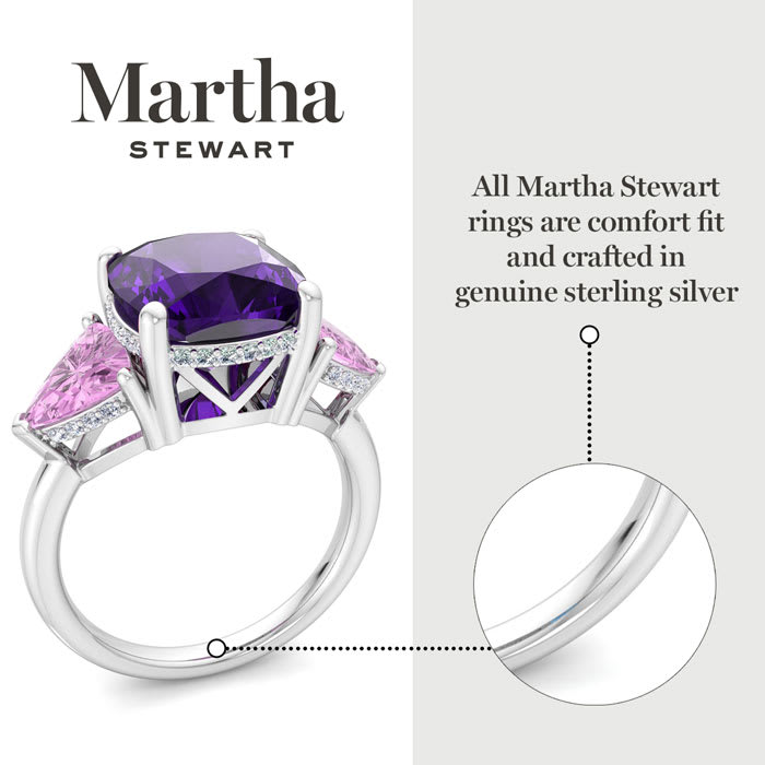 Martha Stewart 8 Carat Cushion Amethyst, Pink Sapphire and Lab Grown Diamond Three Stone Plus Ring In Sterling Silver