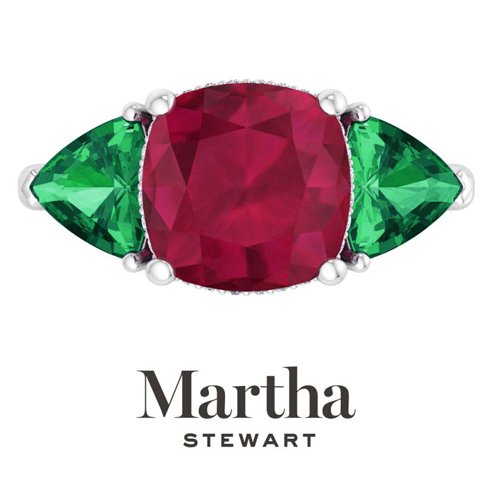Martha Stewart 8 Carat Cushion Ruby, Emerald and Lab Grown Diamond Three Stone Plus Ring In Sterling Silver