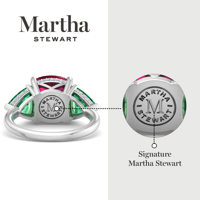Martha Stewart 8 Carat Cushion Ruby, Emerald and Lab Grown Diamond Three Stone Plus Ring In Sterling Silver