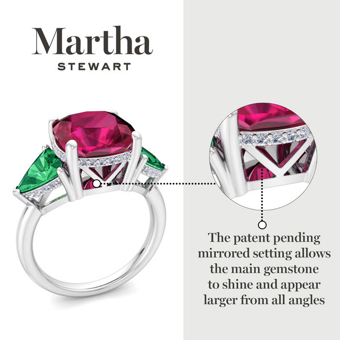 Martha Stewart 8 Carat Cushion Ruby, Emerald and Lab Grown Diamond Three Stone Plus Ring In Sterling Silver
