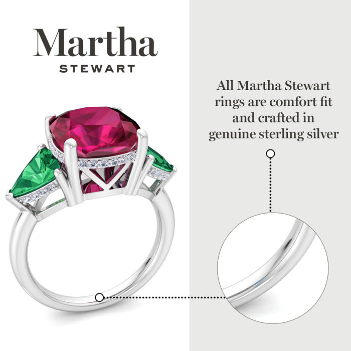 Martha Stewart 8 Carat Cushion Ruby, Emerald and Lab Grown Diamond Three Stone Plus Ring In Sterling Silver