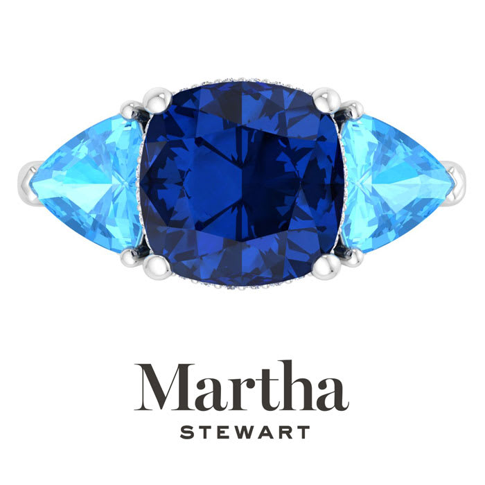 Martha Stewart 8 Carat Cushion Sapphire, Blue Topaz and Lab Grown Diamond Three Stone Plus Ring In Sterling Silver