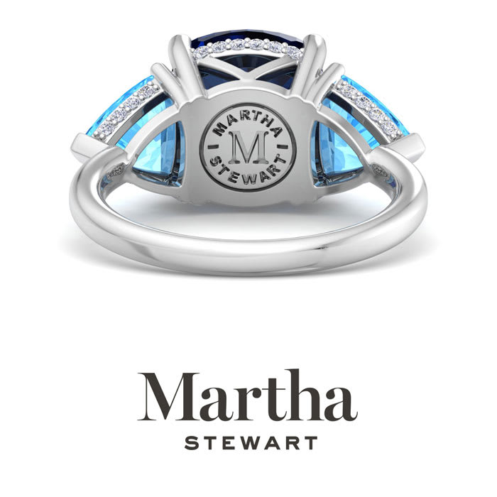 Martha Stewart 8 Carat Cushion Sapphire, Blue Topaz and Lab Grown Diamond Three Stone Plus Ring In Sterling Silver