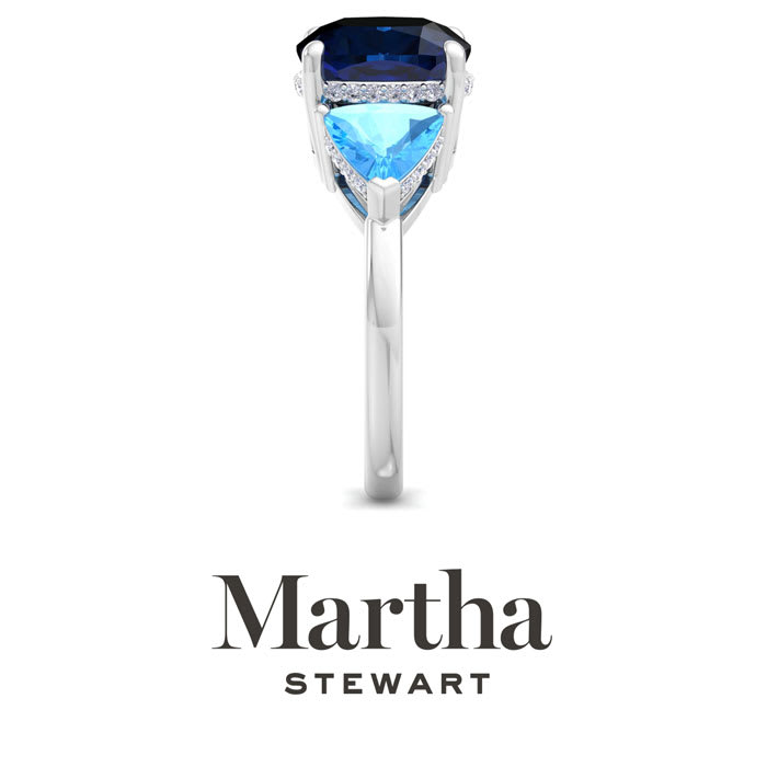 Martha Stewart 8 Carat Cushion Sapphire, Blue Topaz and Lab Grown Diamond Three Stone Plus Ring In Sterling Silver