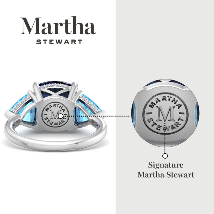 Martha Stewart 8 Carat Cushion Sapphire, Blue Topaz and Lab Grown Diamond Three Stone Plus Ring In Sterling Silver