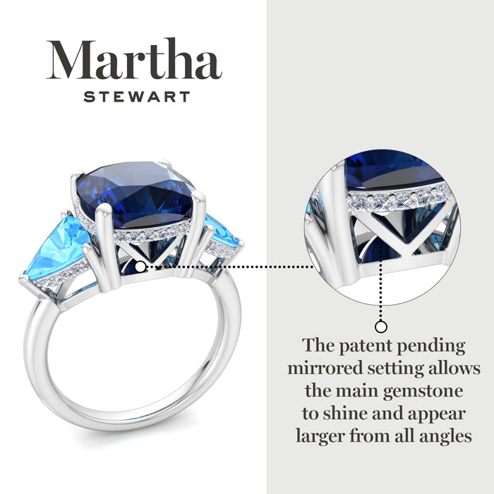 Martha Stewart 8 Carat Cushion Sapphire, Blue Topaz and Lab Grown Diamond Three Stone Plus Ring In Sterling Silver