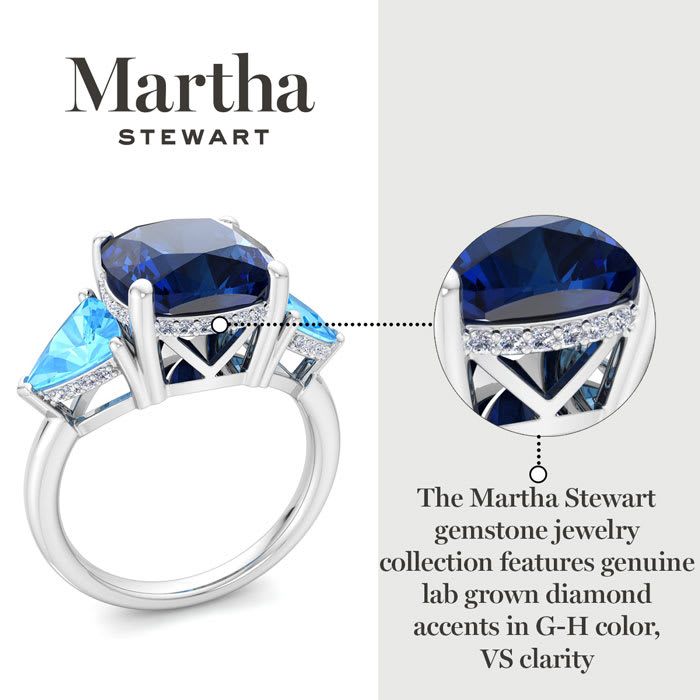 Martha Stewart 8 Carat Cushion Sapphire, Blue Topaz and Lab Grown Diamond Three Stone Plus Ring In Sterling Silver