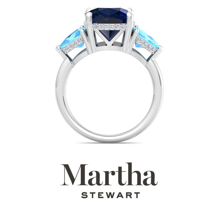 Martha Stewart 8 Carat Cushion Sapphire, Blue Topaz and Lab Grown Diamond Three Stone Plus Ring In Sterling Silver