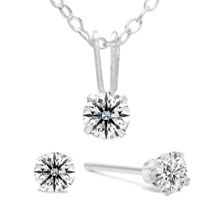 Estate Jewelry 1/2 Carat Natural Diamond Stud Earrings and Necklace. Fiery Diamonds Mounted In 14K White Gold