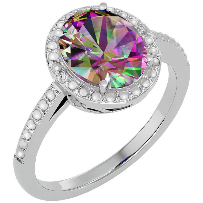 3 ½ Carat Mystic Topazand Diamond Halo Ring created in platinum overlay
