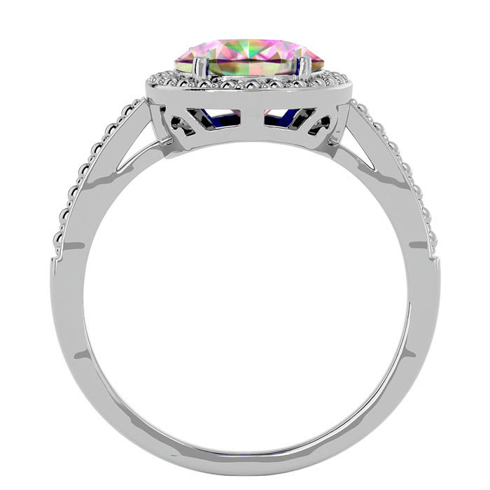 3 ½ Carat Mystic Topazand Diamond Halo Ring created in platinum overlay
