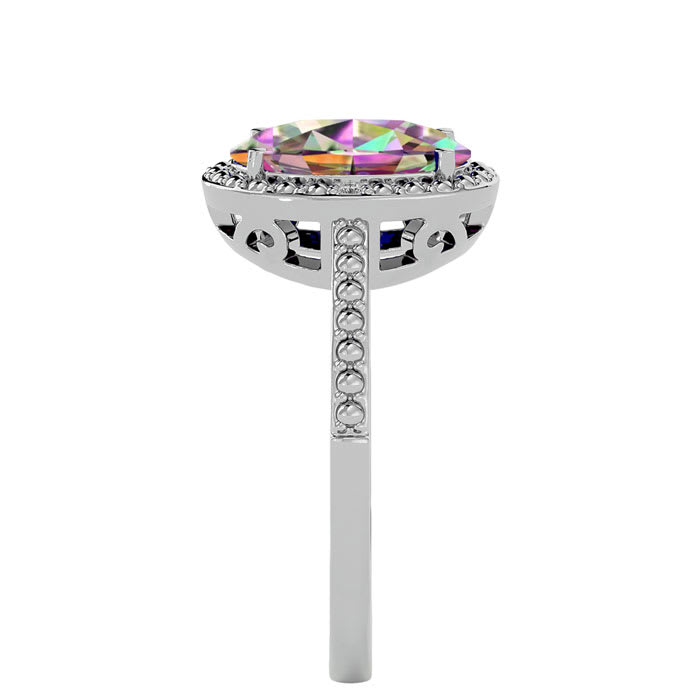 3 ½ Carat Mystic Topazand Diamond Halo Ring created in platinum overlay
