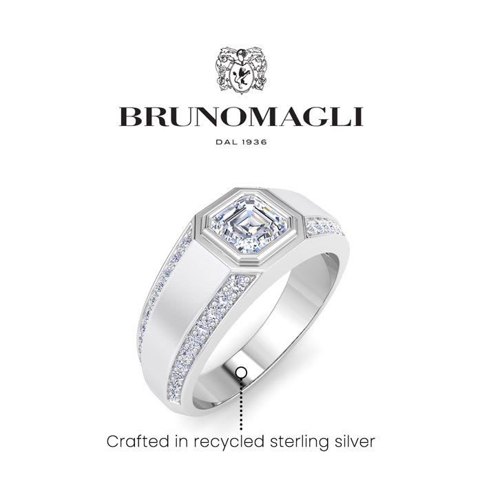 Bruno Magli Mens 1 1/2 Carat Asscher Cut Lab Grown Diamond Ring In Sterling Silver