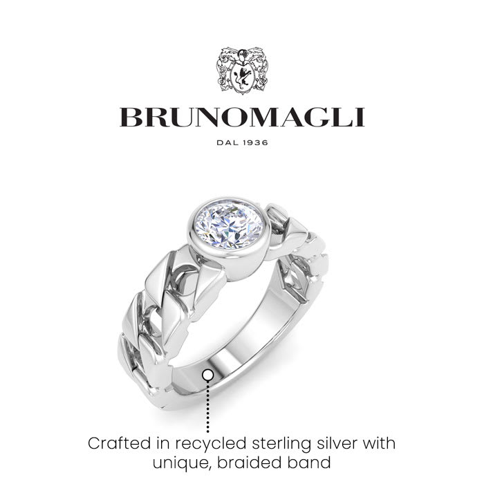 Bruno Magli Mens 1 Carat Round Shape Lab Grown Diamond Bezel Set Solitaire Ring In Sterling Silver