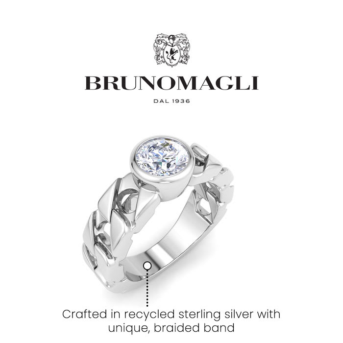 Bruno Magli Mens 1 1/2 Carat Round Shape Lab Grown Diamond Bezel Set Solitaire Ring In Sterling Silver