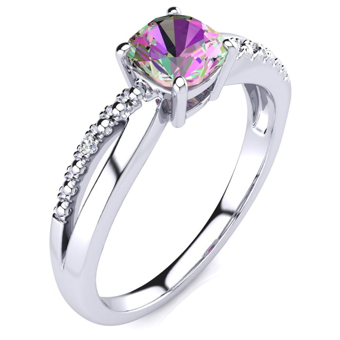 3/4 Carat Cushion Shape Mystic Topaz Ring With Diamonds In 10 Karat White Gold