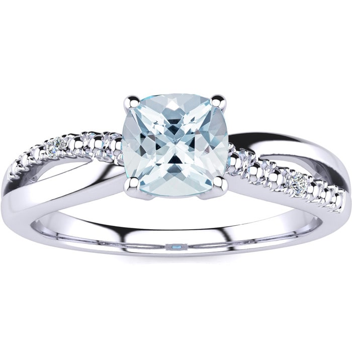 Aquamarine Ring: Aquamarine Jewelry: 3/4ct Cushion Cut Aquamarine and Diamond Ring in 10k White Gold