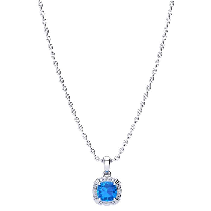 2 1/2ct Cushion Cut Blue Topaz and Diamond Necklace In 10K White Gold