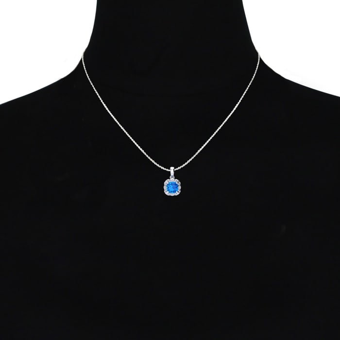 2 1/2ct Cushion Cut Blue Topaz and Diamond Necklace In 10K White Gold