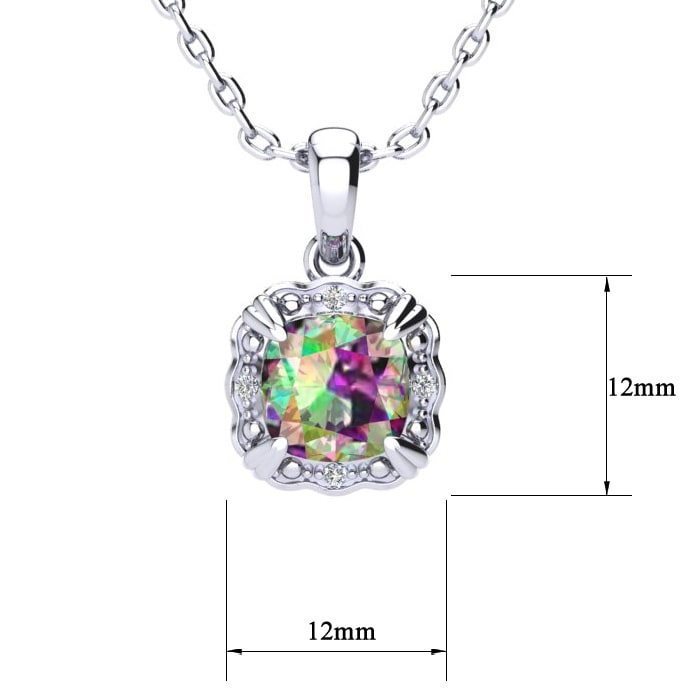 2-1/2 Carat Cushion Shape Mystic Topaz Necklace With Diamonds In 10 Karat White Gold, 18 Inches