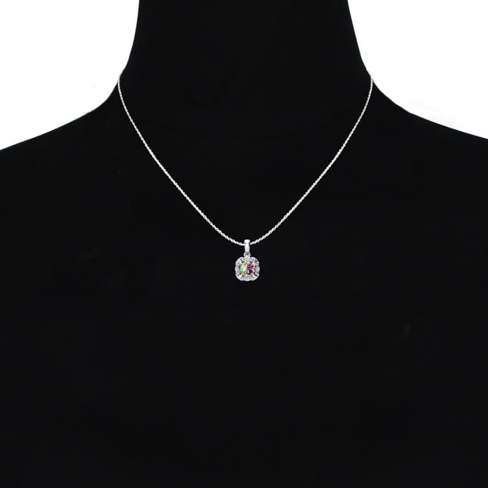 2-1/2 Carat Cushion Shape Mystic Topaz Necklace With Diamonds In 10 Karat White Gold, 18 Inches