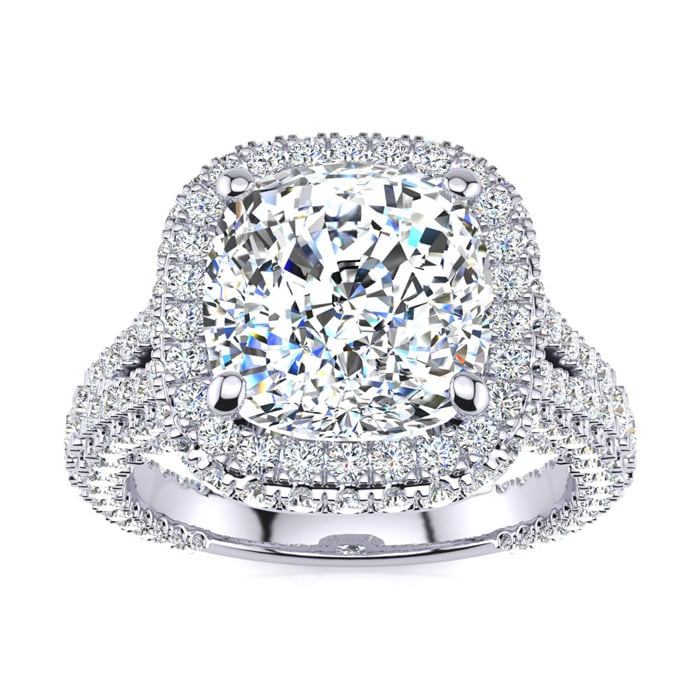 6 Carat Cushion Cut Lab Grown Diamond Halo Engagement Ring In 14K White Gold