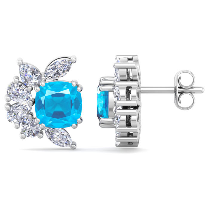 1 3/4 Carat Cushion Cut Blue Topaz and Lab Grown Diamond Cluster Stud Earrings In 14 Karat White Gold