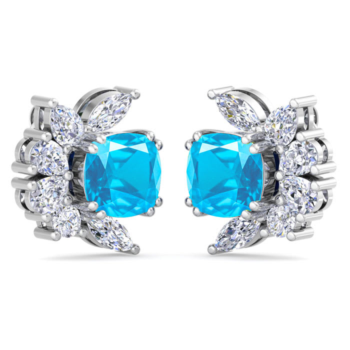1 3/4 Carat Cushion Cut Blue Topaz and Lab Grown Diamond Cluster Stud Earrings In 14 Karat White Gold