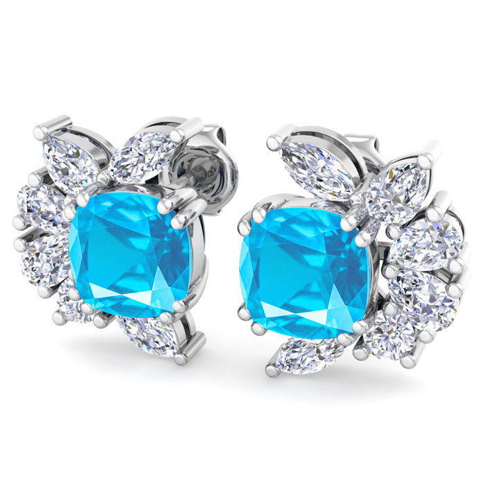 1 3/4 Carat Cushion Cut Blue Topaz and Lab Grown Diamond Cluster Stud Earrings In 14 Karat White Gold