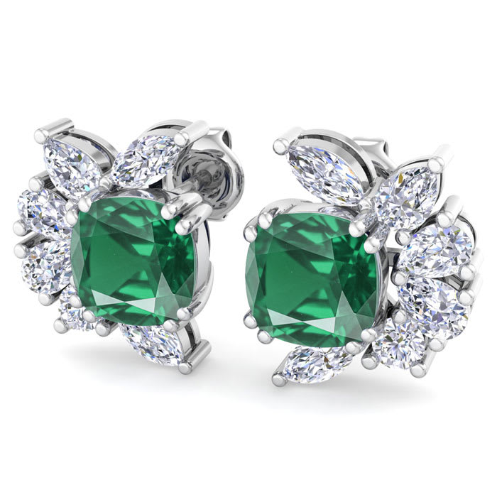 1 3/4 Carat Cushion Cut Emerald and Lab Grown Diamond Cluster Stud Earrings In 14 Karat White Gold