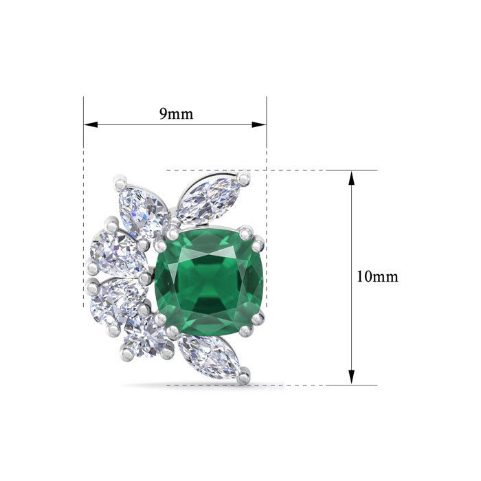 1 3/4 Carat Cushion Cut Emerald and Lab Grown Diamond Cluster Stud Earrings In 14 Karat White Gold