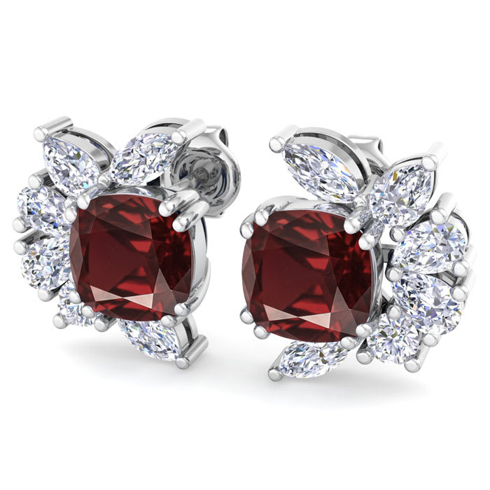 1 3/4 Carat Cushion Cut Garnet and Lab Grown Diamond Cluster Stud Earrings In 14 Karat White Gold