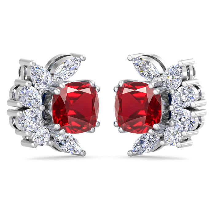 1 3/4 Carat Cushion Cut Ruby and Lab Grown Diamond Cluster Stud Earrings In 14 Karat White Gold
