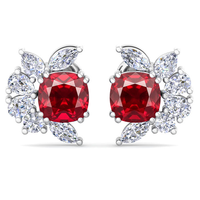 1 3/4 Carat Cushion Cut Ruby and Lab Grown Diamond Cluster Stud Earrings In 14 Karat White Gold