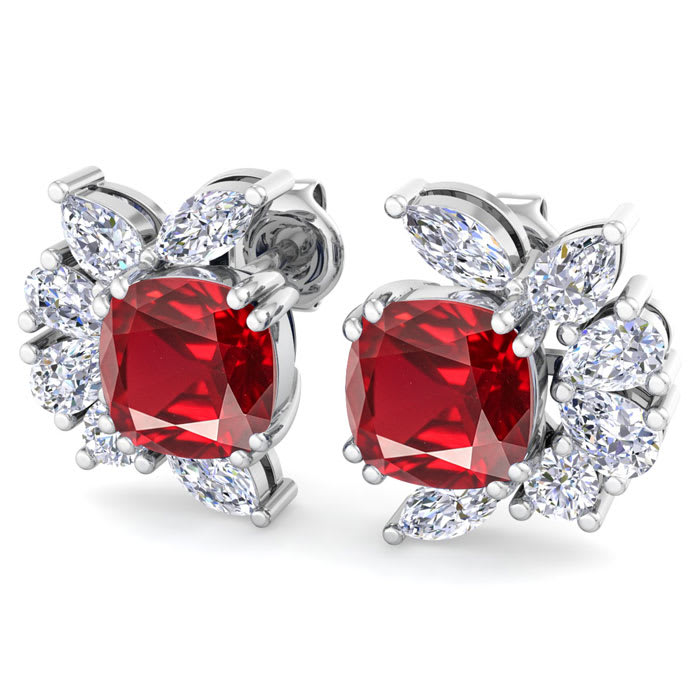 1 3/4 Carat Cushion Cut Ruby and Lab Grown Diamond Cluster Stud Earrings In 14 Karat White Gold