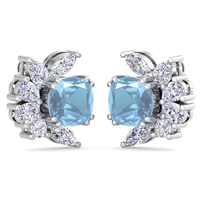 1 3/4 Carat Cushion Cut Aquamarine and Lab Grown Diamond Cluster Stud Earrings In 14 Karat White Gold