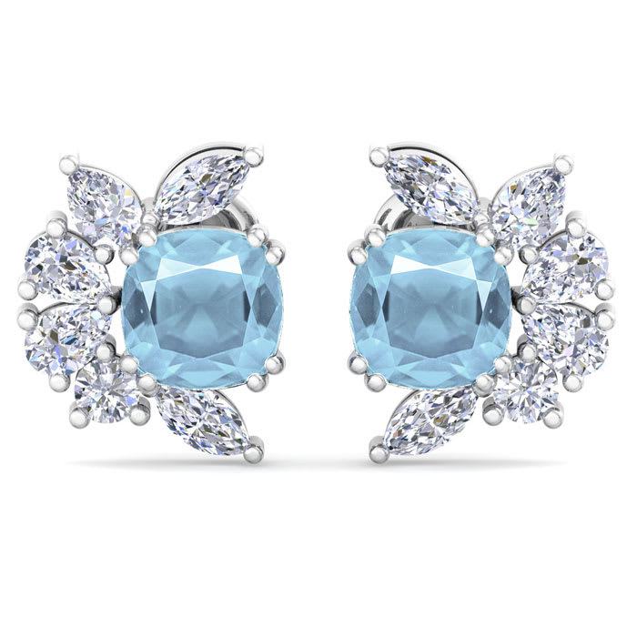 1 3/4 Carat Cushion Cut Aquamarine and Lab Grown Diamond Cluster Stud Earrings In 14 Karat White Gold