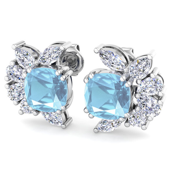 1 3/4 Carat Cushion Cut Aquamarine and Lab Grown Diamond Cluster Stud Earrings In 14 Karat White Gold