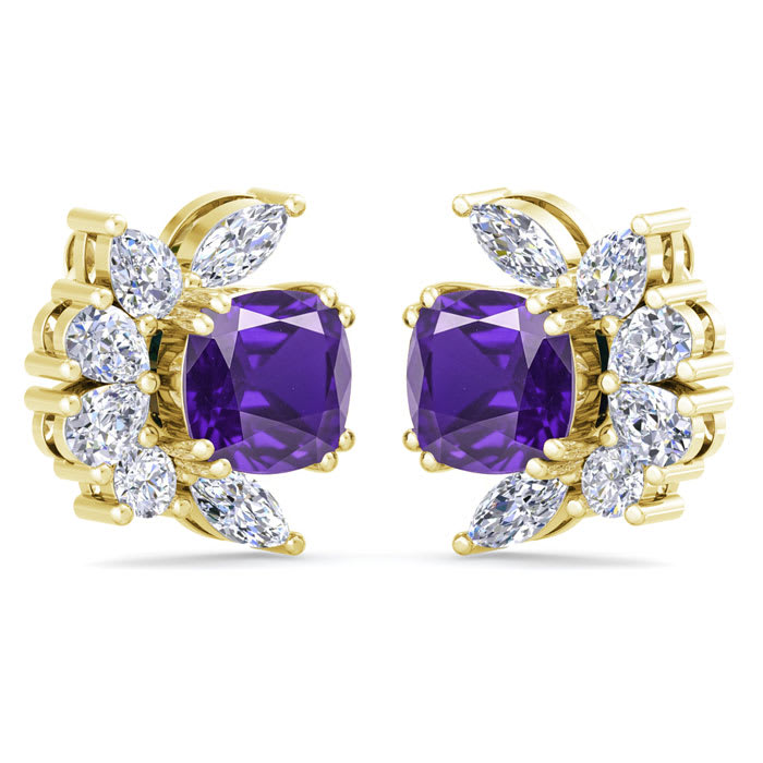 1 3/4 Carat Cushion Cut Amethyst and Lab Grown Diamond Cluster Stud Earrings In 14 Karat Yellow Gold