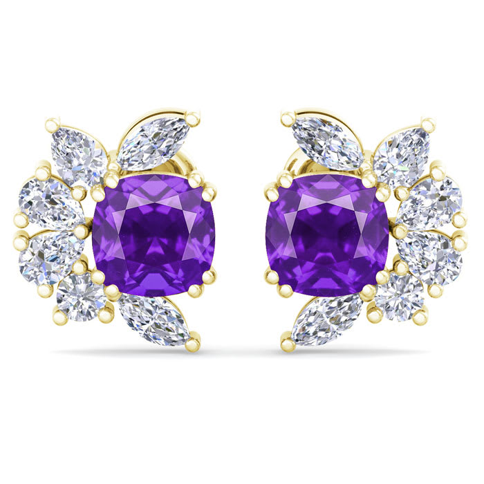 1 3/4 Carat Cushion Cut Amethyst and Lab Grown Diamond Cluster Stud Earrings In 14 Karat Yellow Gold