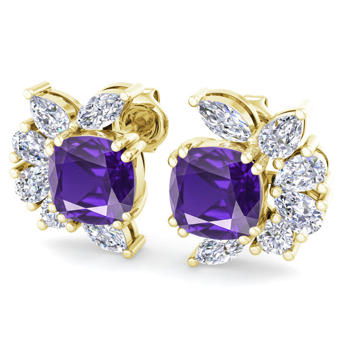 1 3/4 Carat Cushion Cut Amethyst and Lab Grown Diamond Cluster Stud Earrings In 14 Karat Yellow Gold