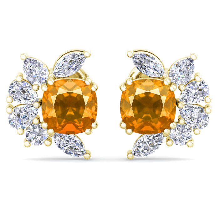 1 3/4 Carat Cushion Cut Citrine and Lab Grown Diamond Cluster Stud Earrings In 14 Karat Yellow Gold
