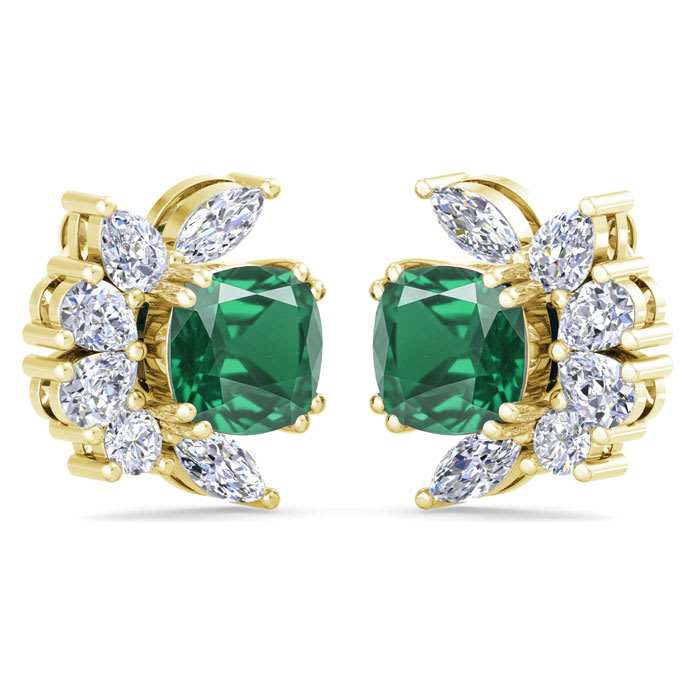 1 3/4 Carat Cushion Cut Emerald and Lab Grown Diamond Cluster Stud Earrings In 14 Karat Yellow Gold