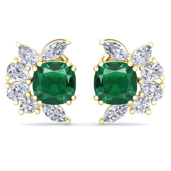1 3/4 Carat Cushion Cut Emerald and Lab Grown Diamond Cluster Stud Earrings In 14 Karat Yellow Gold