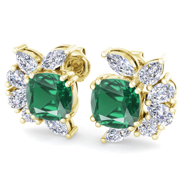 1 3/4 Carat Cushion Cut Emerald and Lab Grown Diamond Cluster Stud Earrings In 14 Karat Yellow Gold